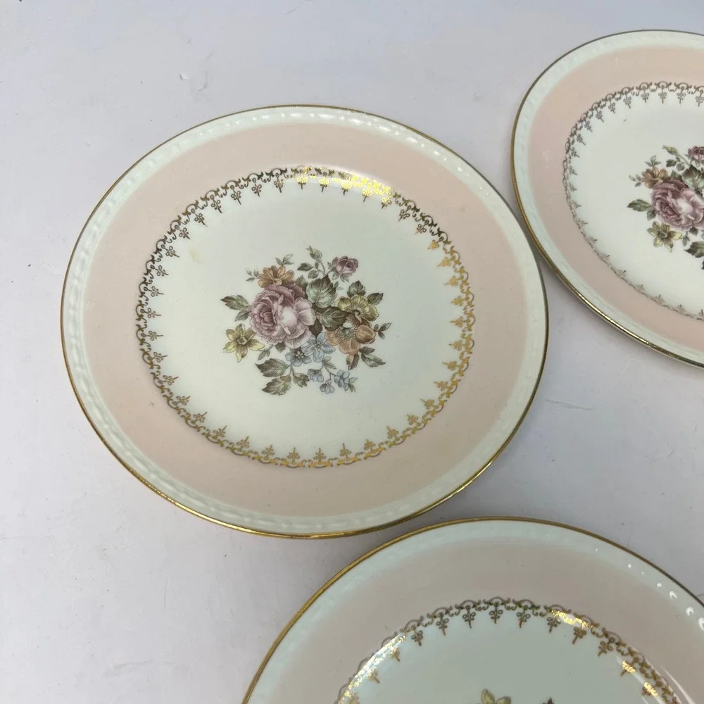 Homer Laughlin Bread Plates 4pc 6.25in Pink Floral Gold Georgian Eggshell Vtg
